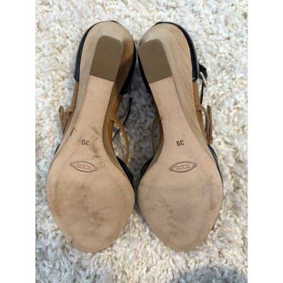 Tods Two Tone Patent Leather Wedge Heels 39 NWOB New Black Tan - Picture 5 of 6